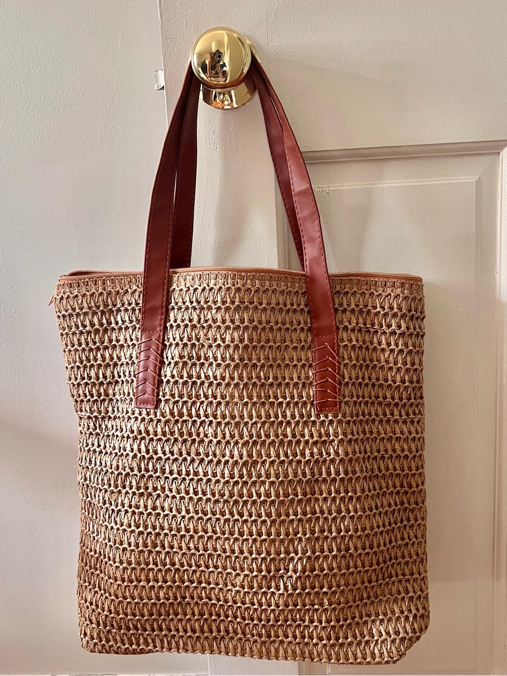 Tan & brown woven straw tote bag with leather straps